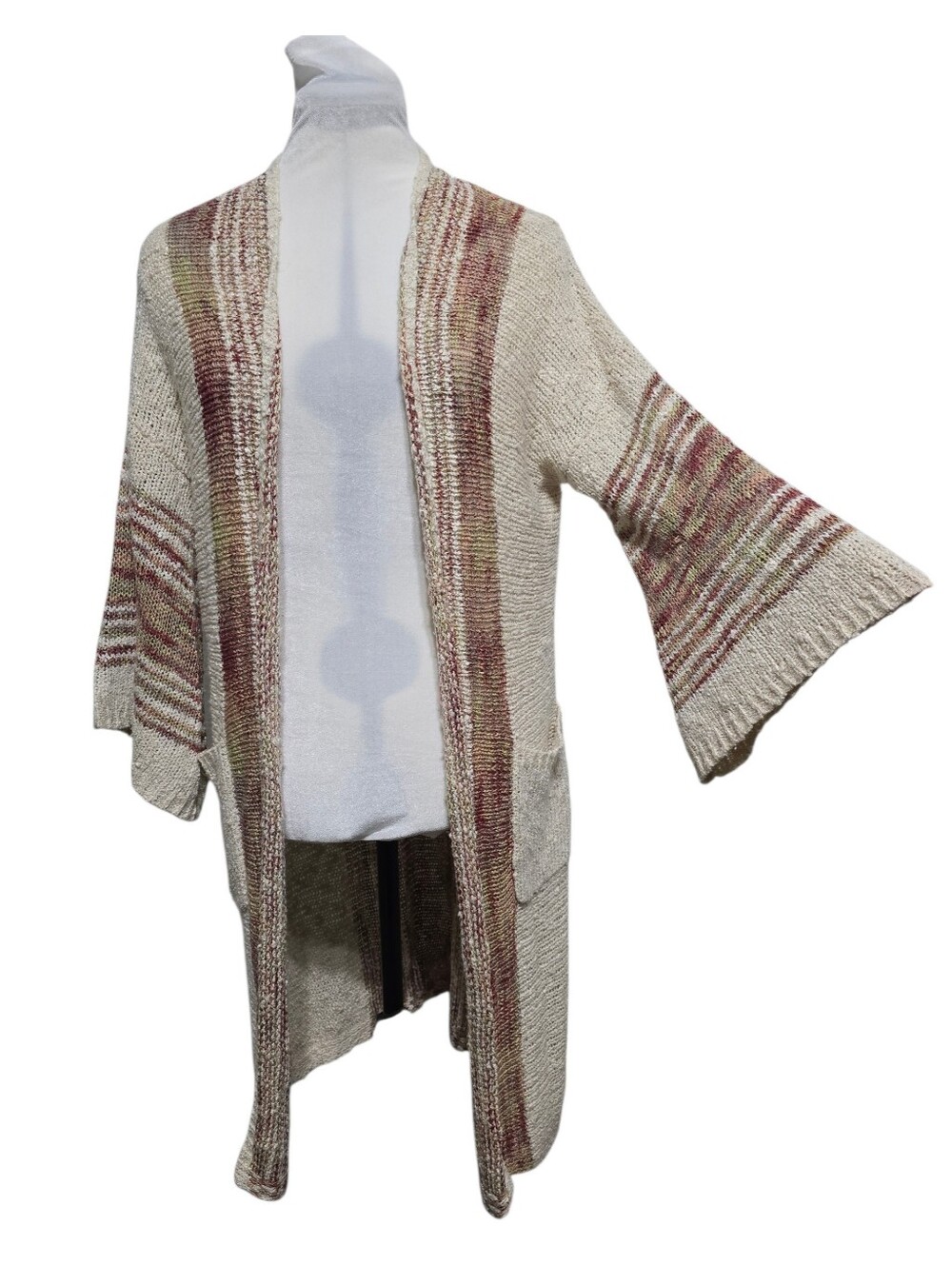 Easel Boho Knit Cardigan Sweater Coatigan S/M Cream Multi Open Front Whimsical